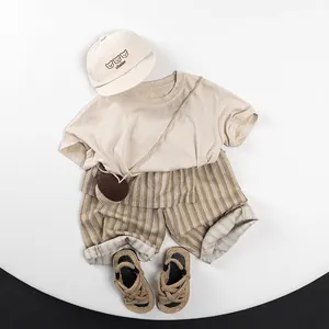 Kids summer vertical striped loose shorts and beige T-shirt five-piece clothing set