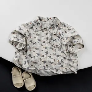 Children Cotton Short Sleeve Shirt Korean Style Abstract Cobblestone Print Summer Casual Button Down Top For Boys Girls