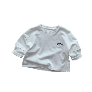 Kids minimalist white cotton long sleeve T-shirt with Maroon print on the chest