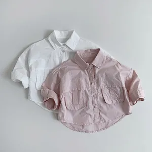 Chemise Manches Longues en Pur Coton Décontractée pour Enfants Couleur Unie Col Rabattu Double Poche Haut pour Garçons Filles
