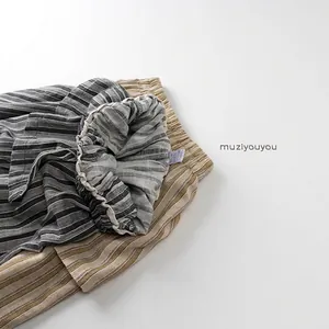Kids vertical striped cotton linen casual pants with elastic waistband and drawstring detail