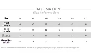 Detailed size chart for kids T-shirts showing length and chest measurements for sizes 80-130
