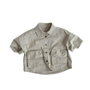 Kids khaki short sleeve cotton cargo shirt with double pockets and buttons