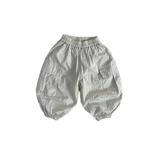 Kids breathable cotton cargo pants with elastic waist and pockets for spring and summer