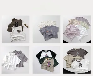 Collage of kids cotton summer t-shirts and tank tops in natural earth-tone colors