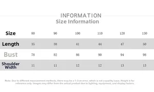 Size chart for children's denim vest showing length and chest measurements for sizes 80-130