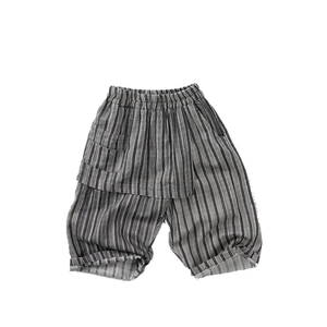 Kids thin vertical striped trousers with elastic waist and front pocket for summer