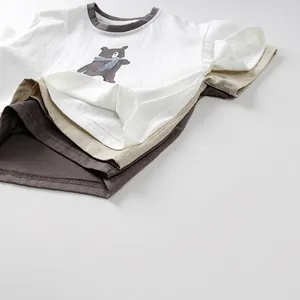 Kids short sleeve cotton t-shirts in white, beige, and dark grey with bear print design