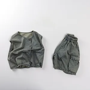 Close-up of kids vintage denim set with elastic waistband and cargo pocket detail