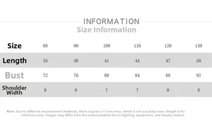 Detailed size guide table for kids sleeveless cotton tank top showing length and chest width