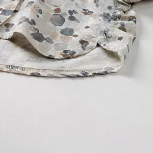 Kids cotton linen short sleeve shirt with natural stone print and hem stitching details
