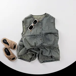 Retro washed denim set for kids featuring vest and cargo shorts in casual summer style