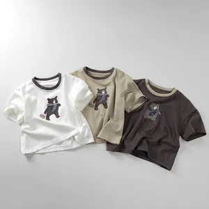 Kids Summer Short Sleeve T-Shirt Cotton Blend Cartoon Bear Print Round Neck Casual Top For Boys Girls Breathable Soft Tee