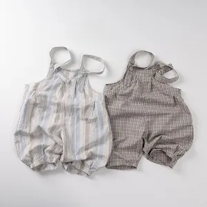 Détails de salopettes légères pour bébé en coton et lin avec rayures et carreaux
