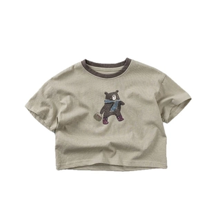 Kids short sleeve t-shirt in beige cotton featuring a cute hand-drawn bear design