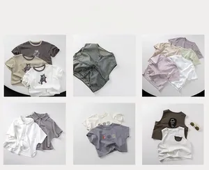 Collage showing various kids summer cotton tops including denim vests and casual tees