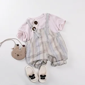 Kids summer cotton set with pink short sleeve T-shirt and striped overall shorts with bear bag