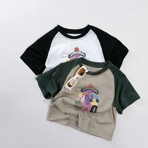 Kids Cotton Short Sleeve T-Shirt Korean Style Cartoon Printed Raglan Sleeve Summer Casual Top For Baby Boys Girls