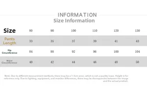 Size chart for kids denim cargo shorts showing length and waist from 80 to 130 cm