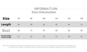 Detailed size chart for kids graphic t-shirt with measurements for length and chest