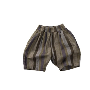 Loose fit vertical striped kids shorts with elastic waist in army green and grey tones