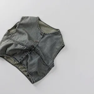 Kids Thin Cotton Denim Vest Boys Girls Retro Washed Sleeveless Jacket Button Down Waistcoat Korean Fashion Children Tops