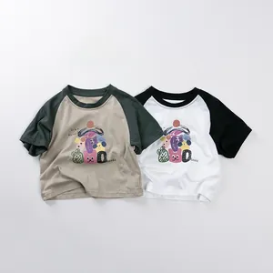 Close-up of raglan sleeve detail and cartoon rabbit print on cotton kids T-shirts