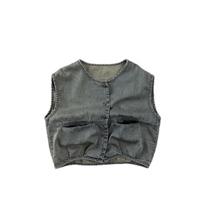 Vintage kids washed blue denim vest with button closure and symmetrical pockets