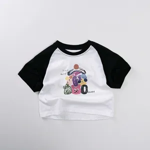 Close-up of raglan sleeve kids' T-shirt featuring a colorful cartoon rabbit print and soft cotton fabric