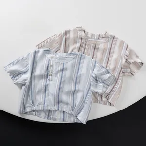 T-shirts pour enfants à manches courtes et rayures verticales en coton bleu et marron