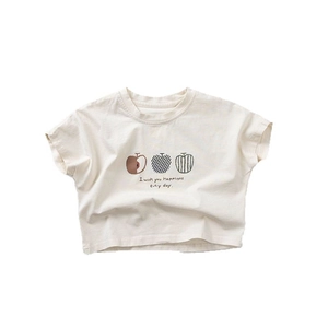 Kids cream short sleeve T-shirt with apple graphic and I wish you happiness print