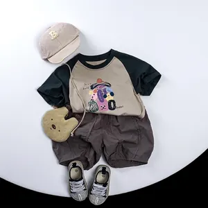 Kids cotton summer outfit with cartoon t-shirt, brown cargo shorts and accessories