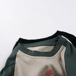 Kids' raglan sleeve cotton t-shirt with ribbed crew neck in olive green and beige color