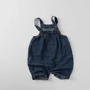 Salopette en Jean Unisexe pour Enfants 100% Coton Bleu Lavé Pantalon à Bretelles pour Garçons Filles Été Pantalon Décontracté