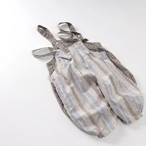 Salopette en Coton pour Enfants Style Japonais Garçon Fille Été Mince Rayé Carreaux Barboteuse Ample Jumper pour Bambin Vêtements de Bébé Confortables