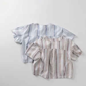 T-shirts rayés à manches courtes pour enfants en coton bleu et marron doux