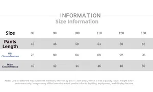 Size chart for kids cotton gauze pants showing waist and hip measurements in centimeters