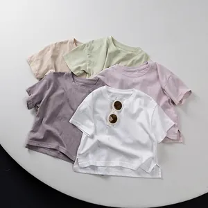 Summer Kids Short Sleeve Cotton T-Shirt Solid Color Round Neck Top Boys Girls Toddler Basic Casual Korean Style Tee