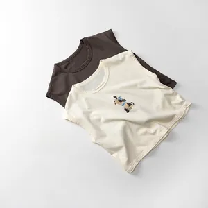 Détails de débardeurs en coton pour enfants avec broderie chien et couleur marron