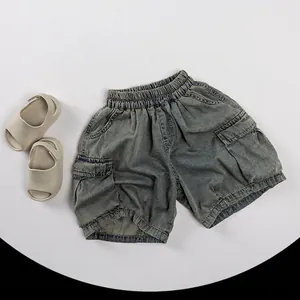 Kids Boys Girls Vintage Denim Cargo Shorts Elastic Waist Summer Washed Cotton Blend Casual Thin Five-Point Shorts Clothing