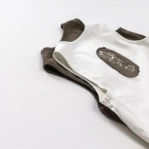 Kids cotton sleeveless tank top set in white and brown with cute cartoon print
