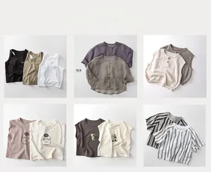 Collage of minimalist baby cotton tank tops and linen shirts in soft Morandi colors