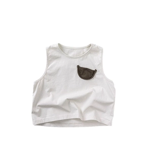Unisex cream cotton sleeveless summer tank top for kids with a dark brown contrast pocket