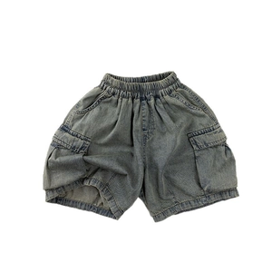 Kids vintage washed denim cargo shorts with elastic waist and large side pockets