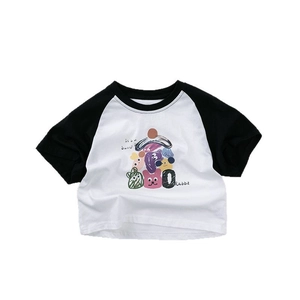 Kids' raglan sleeve t-shirt with black and white contrast and cute cartoon bunny print