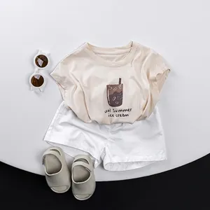 Summer kids cotton set with ice cream print t-shirt and white shorts in Korean style