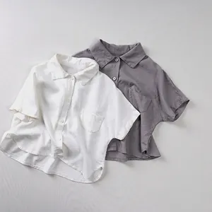 Chemise d'Été en Lin pour Tout-petits Manches Courtes Boutonnée Haut Décontracté Ample pour Garçons Filles Doux Respirant à Col