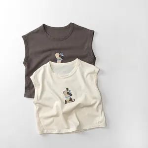 Détails des débardeurs en coton pour enfants en gris foncé et beige avec chiens