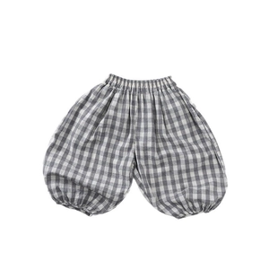 Kids breathable grey and white gingham harem pants with elastic waist and leg cuffs