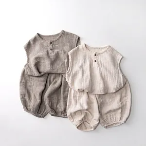 Kids breathable cotton gauze summer set with sleeveless vest and bloomers in neutral tones